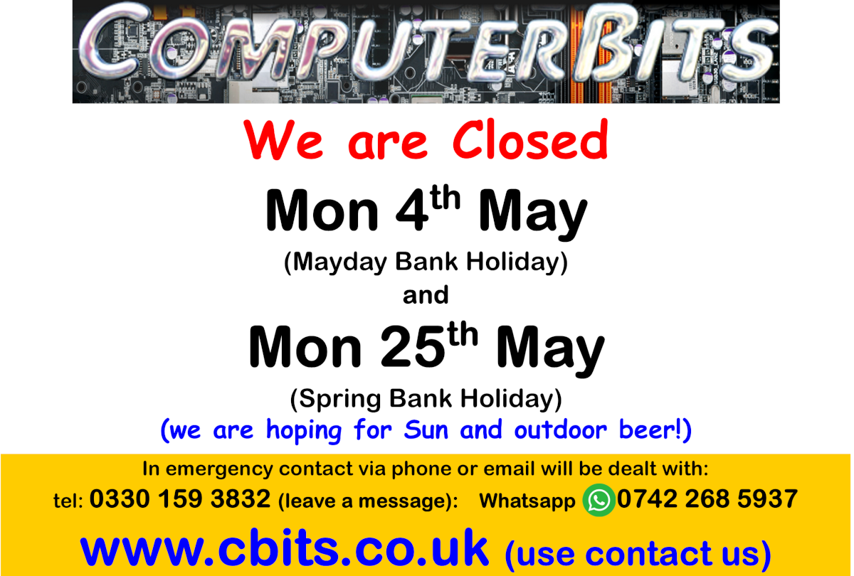 Closed for Mayday & Spring Bank Holiday
